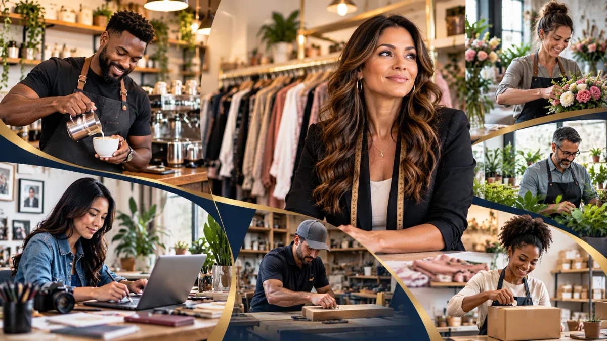 Small business owners at work: a barista, a boutique owner, a florist, a plant shop owner, a woodworker, a photographer, and a maker packing orders