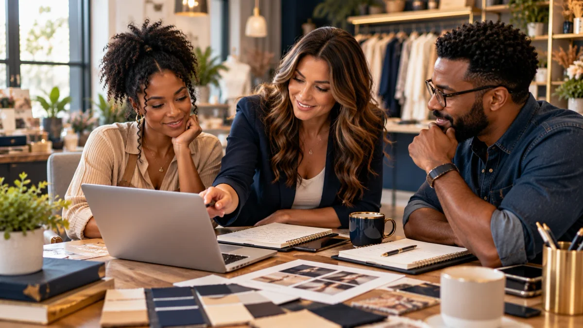 A strategy session with two small business owners, reviewing plans on a laptop